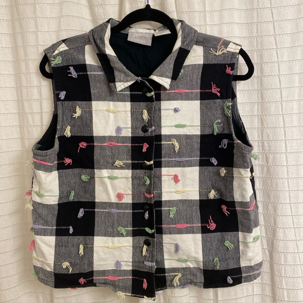 Gingham Vest Blair Cotton Black White Size Medium Pink Green Tufts Button Up
